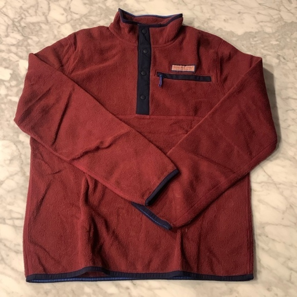 Vineyard Vines Harbor Fleece snap pullover, size small, solid red